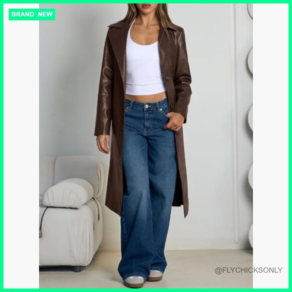 Faux Leather Long Trench Coat with Belt, Open Front, Knee Length - Picture 2 of 6